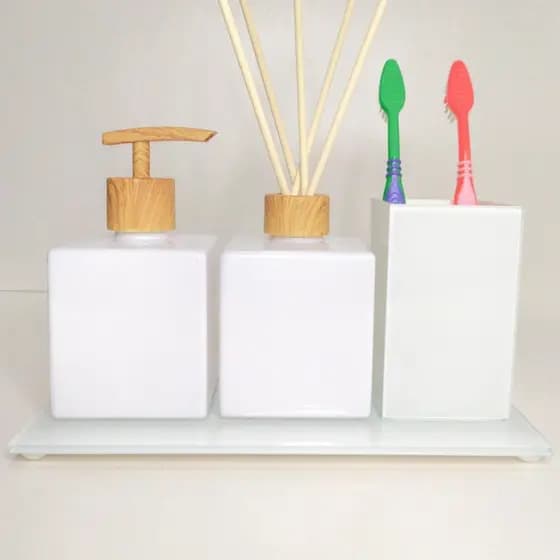 Kit Lavabo Banheiro Branco Luxo Difusor Saboneteira e Porta Escova de Dente + Bandeja