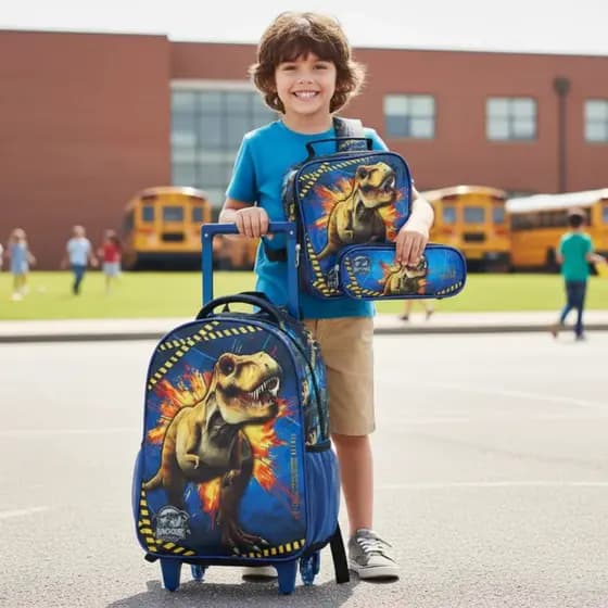 Kit Mochila Rodinhas Estojo Lancheira Térmica Jurassic Azul Infantil Seanite