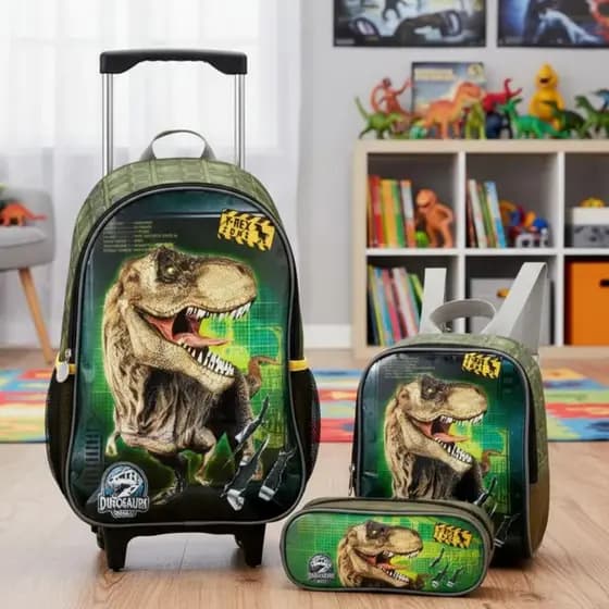 Kit Escolar Mochila Rodinhas Estojo Lancheira Térmica Dinossauro Jurassic Verde