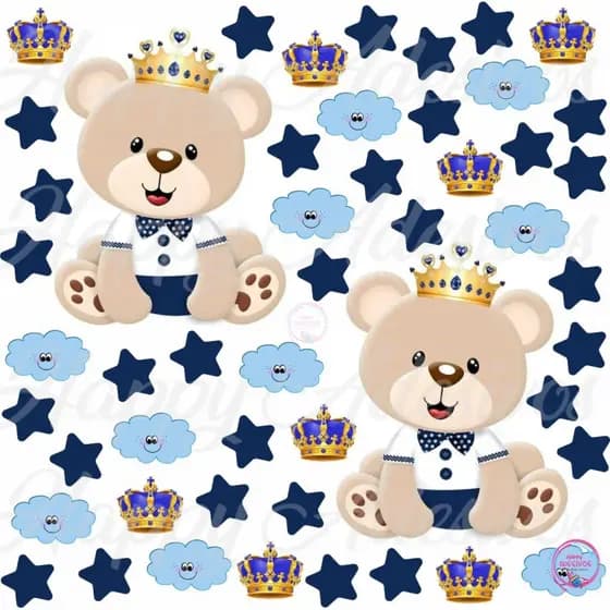 Adesivo Ursinho Principe Bebe Infantil Decoração Para Quarto Urso Realeza Azul estrelas Nuvens