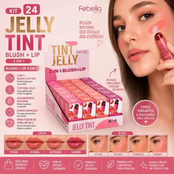 Kit 24 Jelly Tint Blush e Lip Febella 2 em 1 Gelatinoso Efeito Natural BLU50614 Atacado Revenda