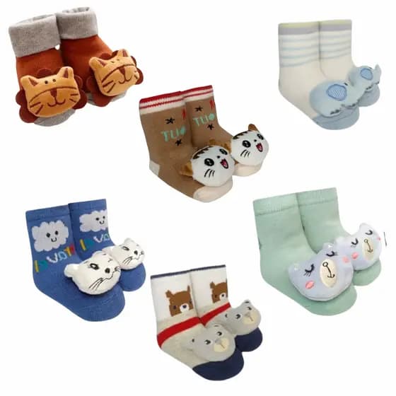 Kit 5 Pares de Meias Infantil Bebê Pantufa 3D Bichinho Meia Recém Nascido Menina Menino RN