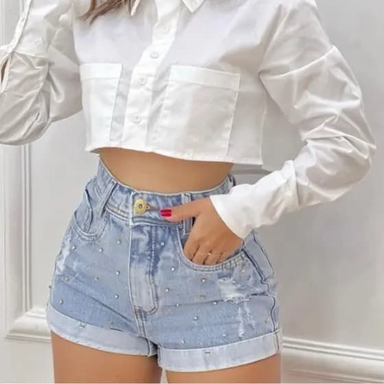 short jeans bermuda feminina cintura alta marmorizado com pedrarias