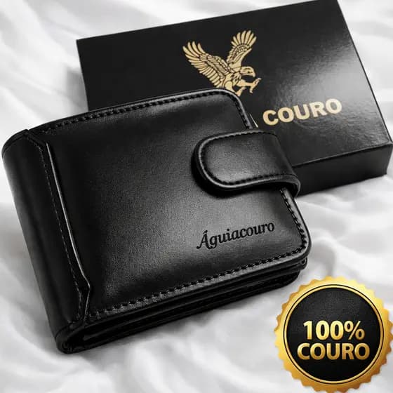 Carteira Masculina Couro Legítimo com Zíper, Porta-Cartões, Documentos e Caixa Presenteável
