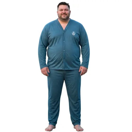 Pijama Longo Masculino Manga Longa Aberto Botão Calça Masculino Adulto Plus Size 040LA