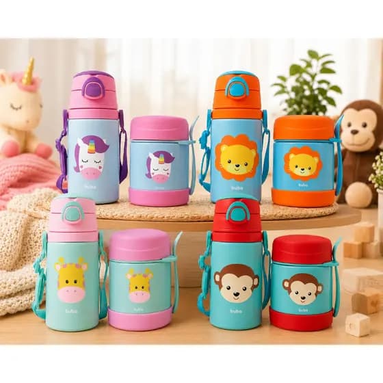 Kit Pote Térmico Animais Garrafa Alumínio C/ Canudo De Silicone Buba Pote Papinha C/ Talher Organização Alimentação Bebê