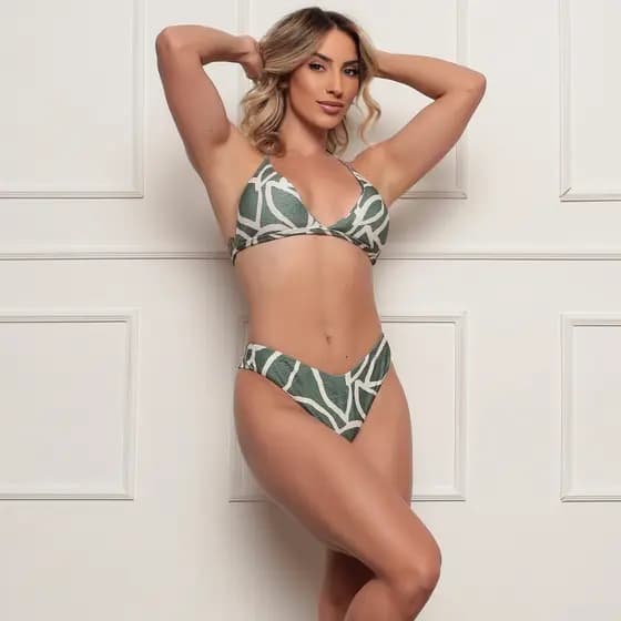 Conjunto Bikini Estampado Top Fixo Bojo Removivel Calcinha Asa Delta Fio Duplo Biquini Verão