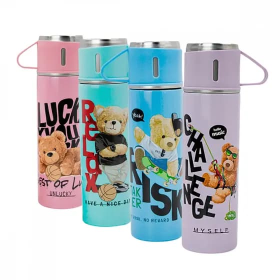 Garrafa Térmica Inox 500 ml com 3 Xícaras Estampa Urso