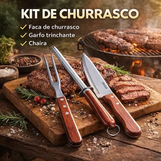 Kit Churrasco 3 Peças Faca Garfo Chaira Aço Inox Cabo Madeira