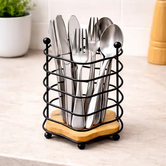 Suporte Organizador Multiuso Aramado Com Base De Madeira Preto Talheres Canetas Decoração