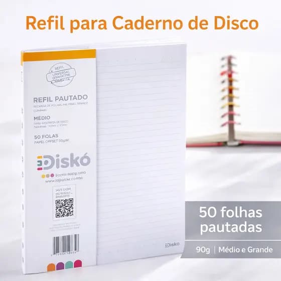 Refil Caderno de Disco Disko Pautado 50 Folhas 90g Médio e Grande
