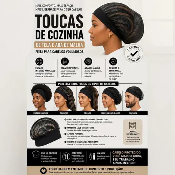 Touca de Cozinha de Tela com Aba de Malha – Ideal para Cabelos Volumosos, Tranças, Dreads e Afros | Unissex