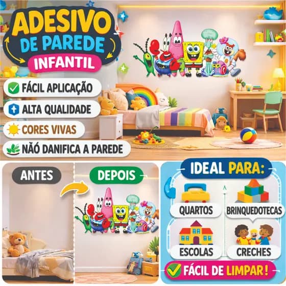⭐ Adesivo de Parede Infantil Fundo do Mar Bob Esponja e Turma – Personagens Divertidos