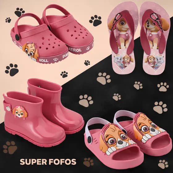 Kit 4 Pares Botinha Galocha + Babuche Infantil + Sandália Papete + Chinelo Patrulha Canina Menina