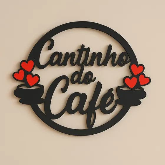 Placa Cantinho do Café MDF Preto Decorativa com Corações – Parede Cozinha Sala