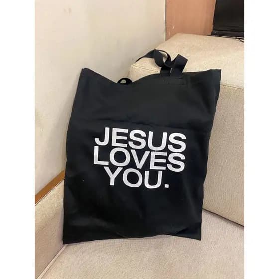 Ecobag Jesus Loves You Preta sacola ecológica,escola,faculdade, curso,personalizado,brinde,praia,moda,brinde,presente,