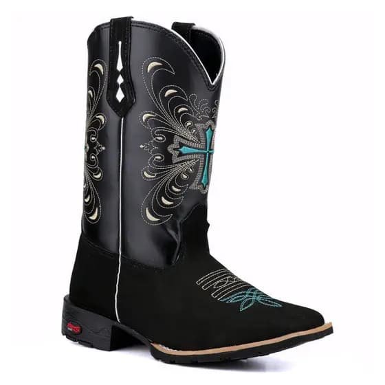 Bota Texana Couro Legítimo Preto com Bordados Dourados Detalhes em Turquesa Estilo e Conforto