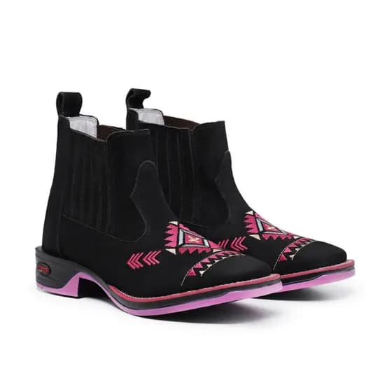 Botina Texana Couro Legítimo Preto Geométrico Rosa Jump Solado Borracha Costurado Bico Quadrado