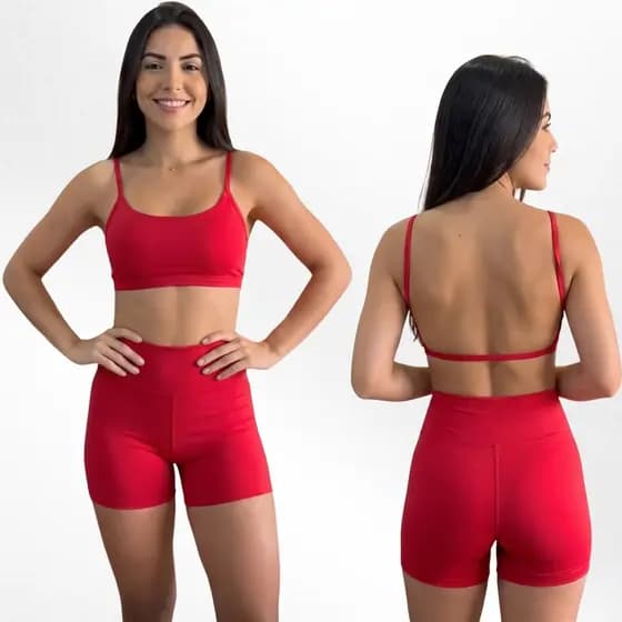 Conjunto Poliamida Shorts e Top Costas Nua Academia Fitness Cintura Alta