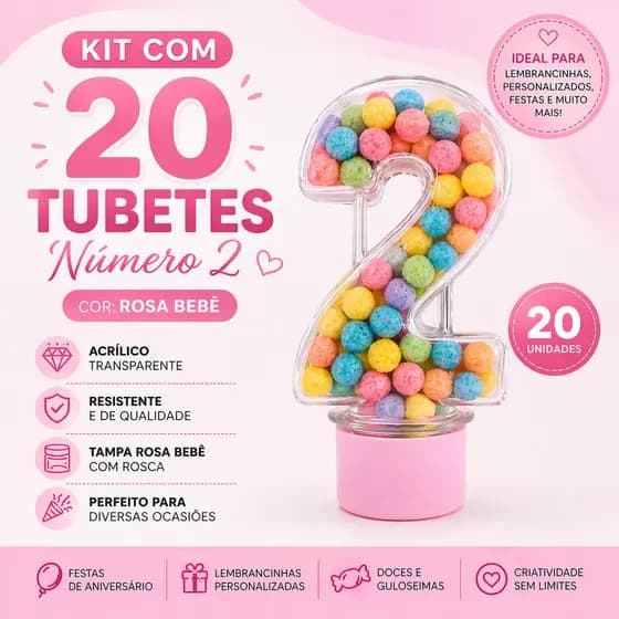20 Tubete Número 2 Lembrancinha Festa Infantil 2 Anos Aniversário Personalizável Decoração