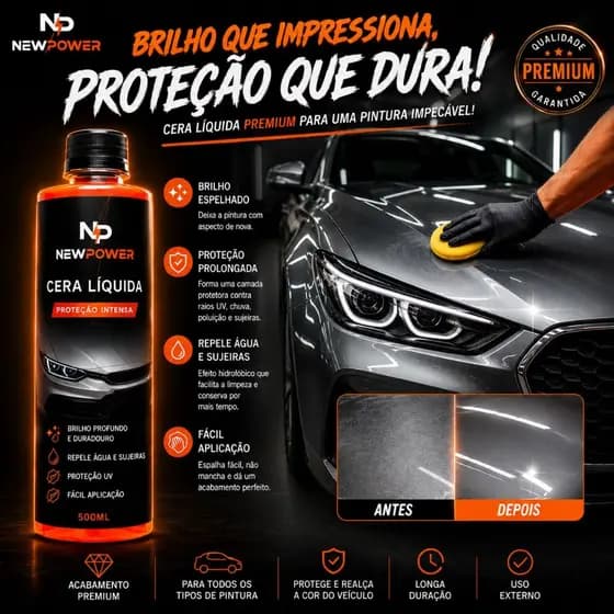 Cera Líquida Cristalizadora com Carnaúba New Power Brilho Espelhado e Repelência à Água 500ml
