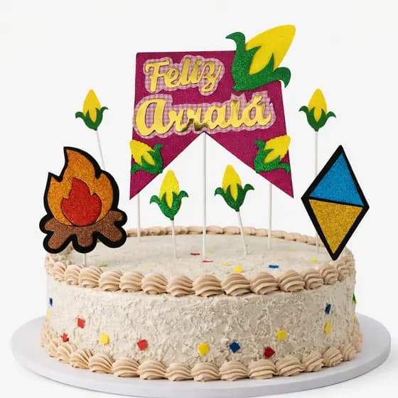 Topo de Bolo Festa Junina Feliz Arraiá – Kit Completo com Bandeirinha, Milho, Fogueira e Pipa