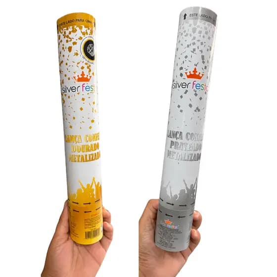 Kit Lança Confete 2 un - Dourado e Prata Festa Papel Metalizado Formatura Réveillon