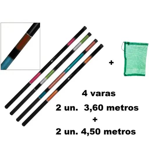 kit 4 vara de pesca telescopica sendo 2 x 3,60 metros + 2 x 4,50 metros + Saco de Pesca - Fibra de vidro + 40% carbono