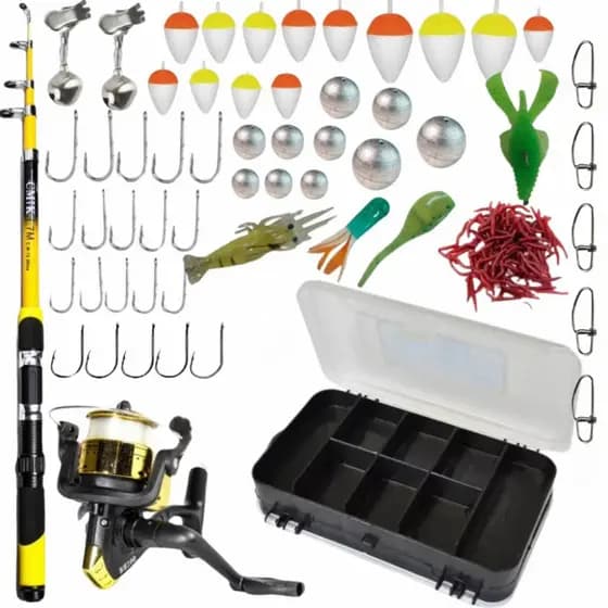 Kit Pesca Pesqueiro 1 Vara 1 Molinete resistente Estojo completo boias anzol isca mais Itens kit pesca rios lagos