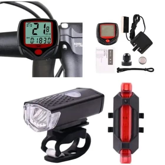 Kit Lanterna E Farol Bicicleta Bike Luz Ultra Led A Prova D'agua E Velocímetro Bicicleta Digital MT2255 (5) MT039 (F3)
