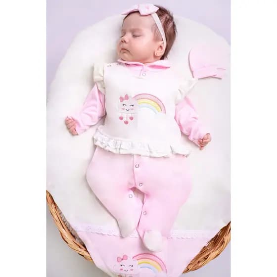 Saída Maternidade Menina Nuvem 04 Peças Arco Iris Roupa de Bebê Menina