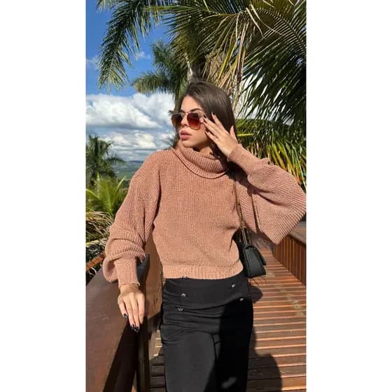 Blusa de Frio em Tricot de Lã Gola Alta Manga Longa Bufante Ponto Fang Tipo Crochê Moda Inverno