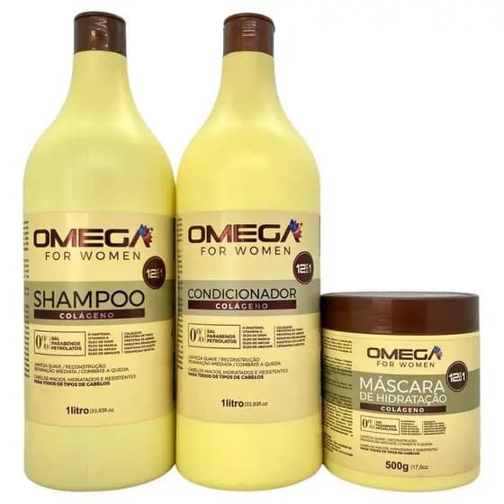 Kit Capilar Colágeno Shampoo Condicionador 1L Máscara 500g Omega Hair