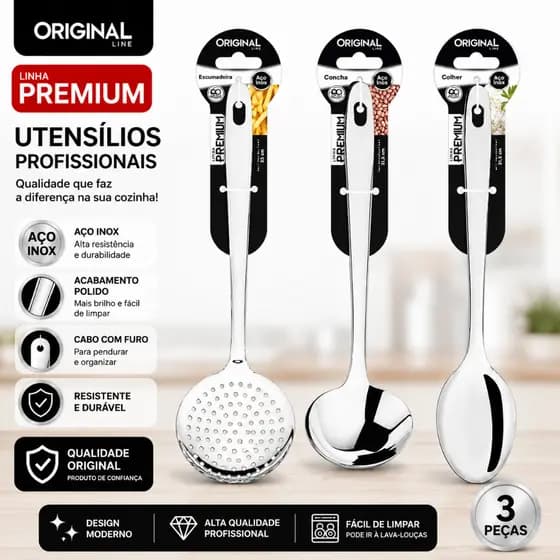 Kit Cozinha Colher De Arroz + Concha + Escumadeira Aco Inox Linha premium