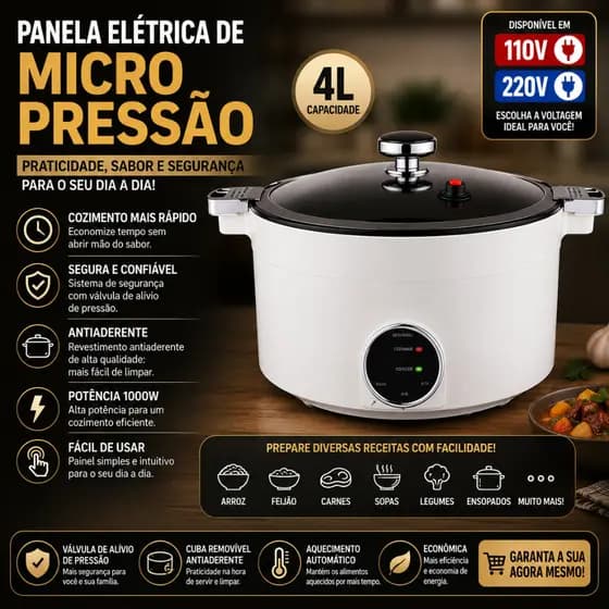 Panela Elétrica Micropressão 4L Antiaderente 1000W 110V Ou 220V Cozimento Rápido Multifuncional
