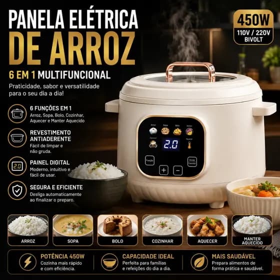 Panela Elétrica De Arroz 6 Em 1 Multifuncional Digital Antiaderente 450W Bivolt Cozinha Prática