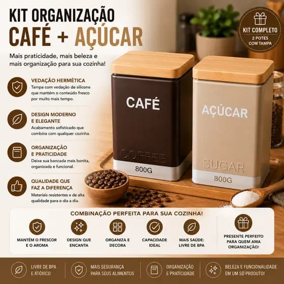 Porta Café e Açúcar 800g Aço Inox Hermético Tampa Bambu Vedação Silicone