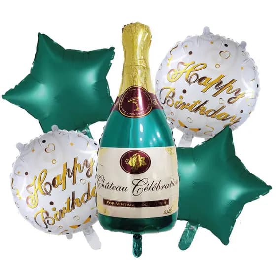 Kit Balão Metalizado de Festa de Aniversário Estrela e Garrafa Champanhe Happy Birthday 5Pçs