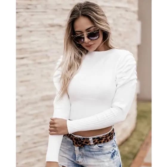 Blusa de Frio Tricô Tricot Cropped Manga Longa Princesa Bufante
