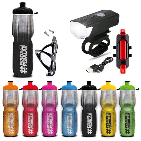 Garrafinha de Agua Bike Termica Prazer Em Pedalar + suporte Caramanhola + farol Lanterna Bike