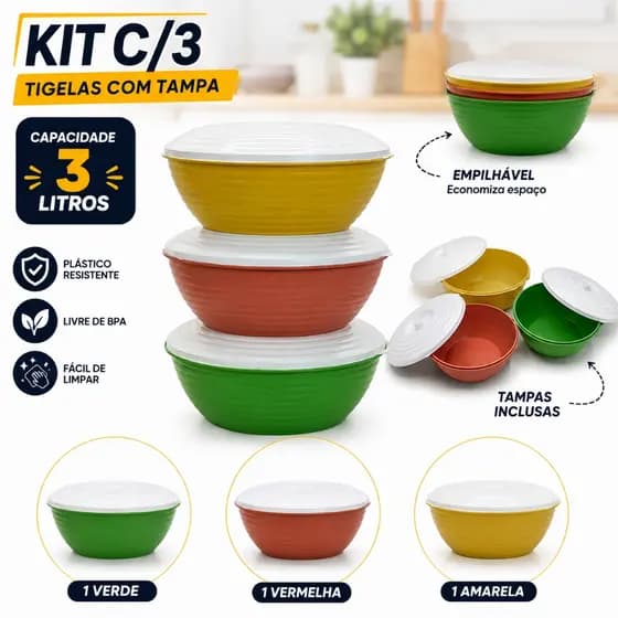 Kit 3 Potes de Plástico Organizador Geladeira 3L Com Tampa Vedante Multiuso Cozinha e Freezer