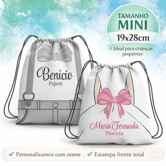 Mini Mochila Personalizada 19x28cm - Lembrancinha para Daminha Pajem Florista - Casamento Luxo