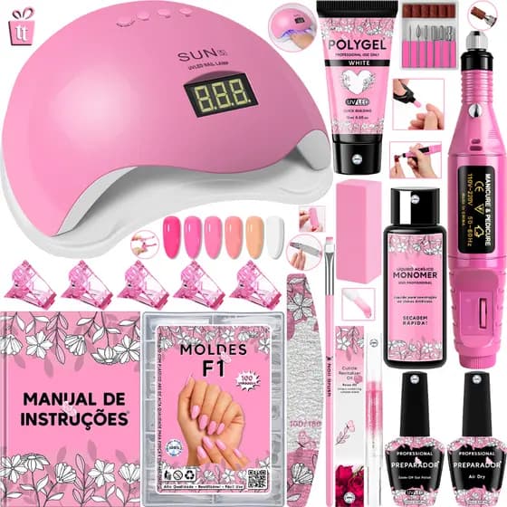 Kit De Unha PolyGel Lixadeira Caneta + Óleo Hidratante De Cuticula Poligel + Cabine Led UV Sun 5 Manicure De Unhas