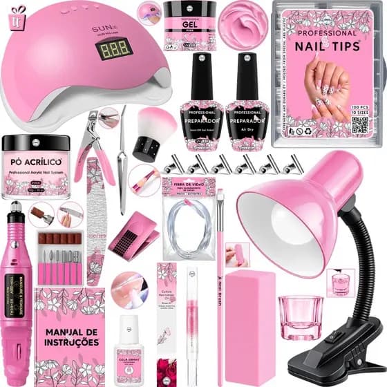 Kit Manicure e Pedicure para Alongamento Extensão Unhas Gel Porcelana Acrigel Cabine Sun 5 48W Lixadeira Elétrica Caneta