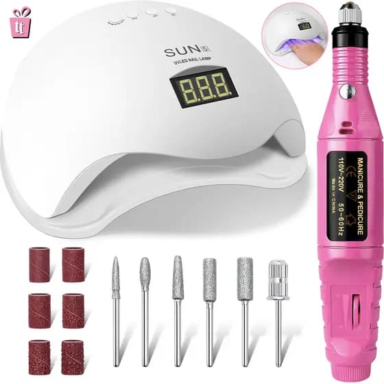 Kit Manicure Cabine Estufa 48W Sun 5 UV LED + Lixadeira Elétrica Caneta Motor unha Postiça Gel Acrigel