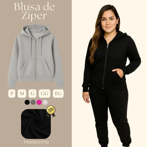 Blusa De Moleton Feminina Capuz Zíper Agasalho Ziper Frio