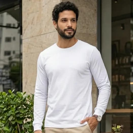 Camiseta Masculina Manga Longa Básica Lisa Malha Penteada Fio 30.1 Algodão Casual Durável