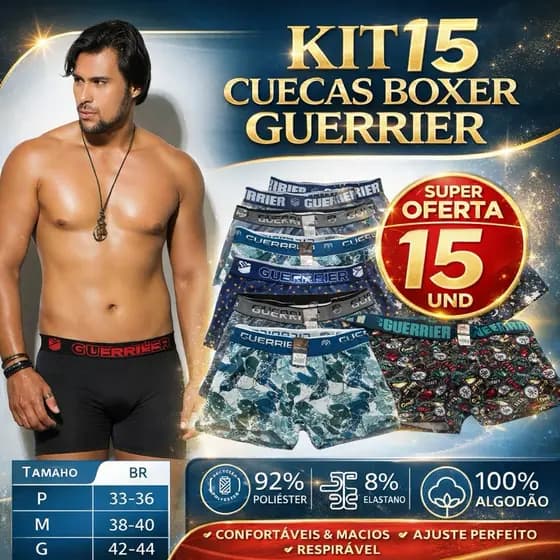 Kit com 15 Cuecas Boxer Guerrier Original– noConforto , Microfibra, Forro 100% Algodão, Elástico B Reforçado