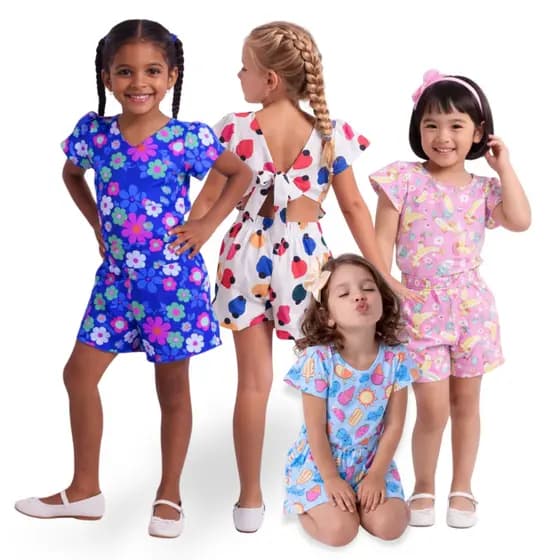 Macacão Macaquinho Infantil Menina Varias Estampas Verão Praia Moderno Casual Passeios Colorido Estampado dias quentes