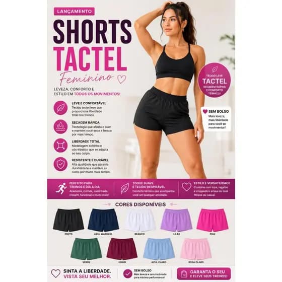 Short Tactel Feminino com Elastano Praia Piscina Academia Caminhada Secagem Rápida Confortável